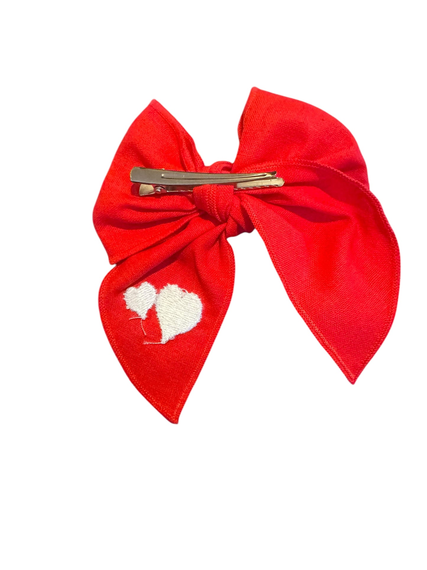 Linen Embroidered Heart Hair Bows - Valentine's Day Hair Bows for Girls