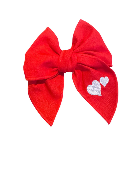 Linen Embroidered Heart Hair Bows - Valentine's Day Hair Bows for Girls