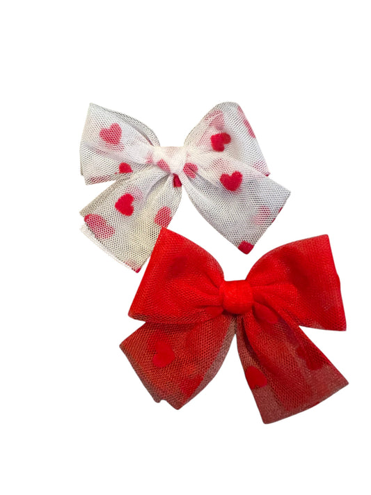 Small Tulle Heart Hair Bows - Valentine's Day Hair Bows for Girls