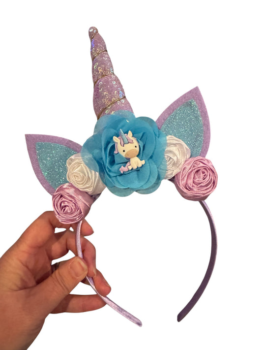 Unicorn Headband for Girls - Purple Blue Glitter Horn Flower Headband for Kids