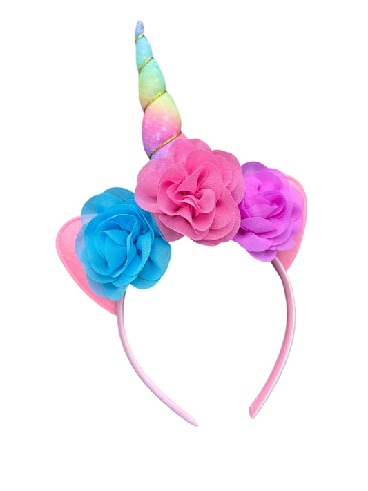 blue, pink and purple unicorn headbands with pastel rainbow unicorn horn