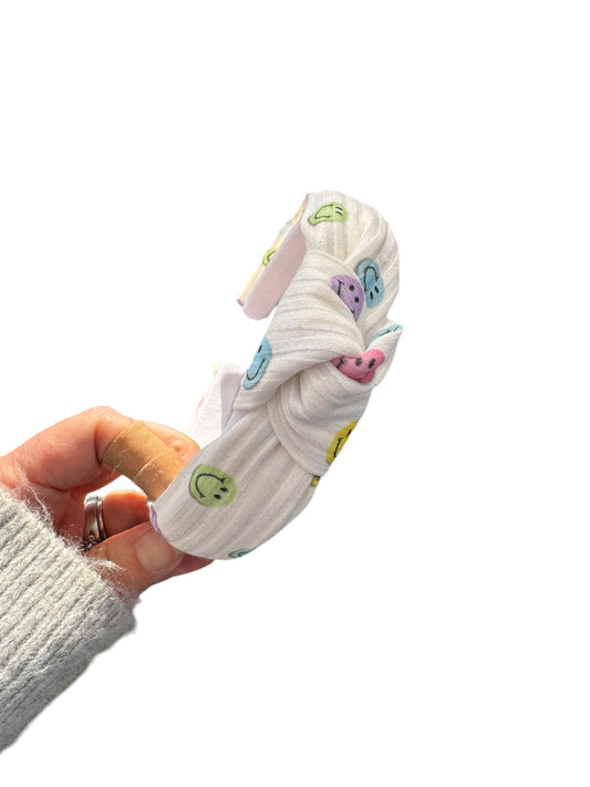 Pastel Smiley Face Headband | Cotton Ribbed Tie Knot Headband for Women & Girls