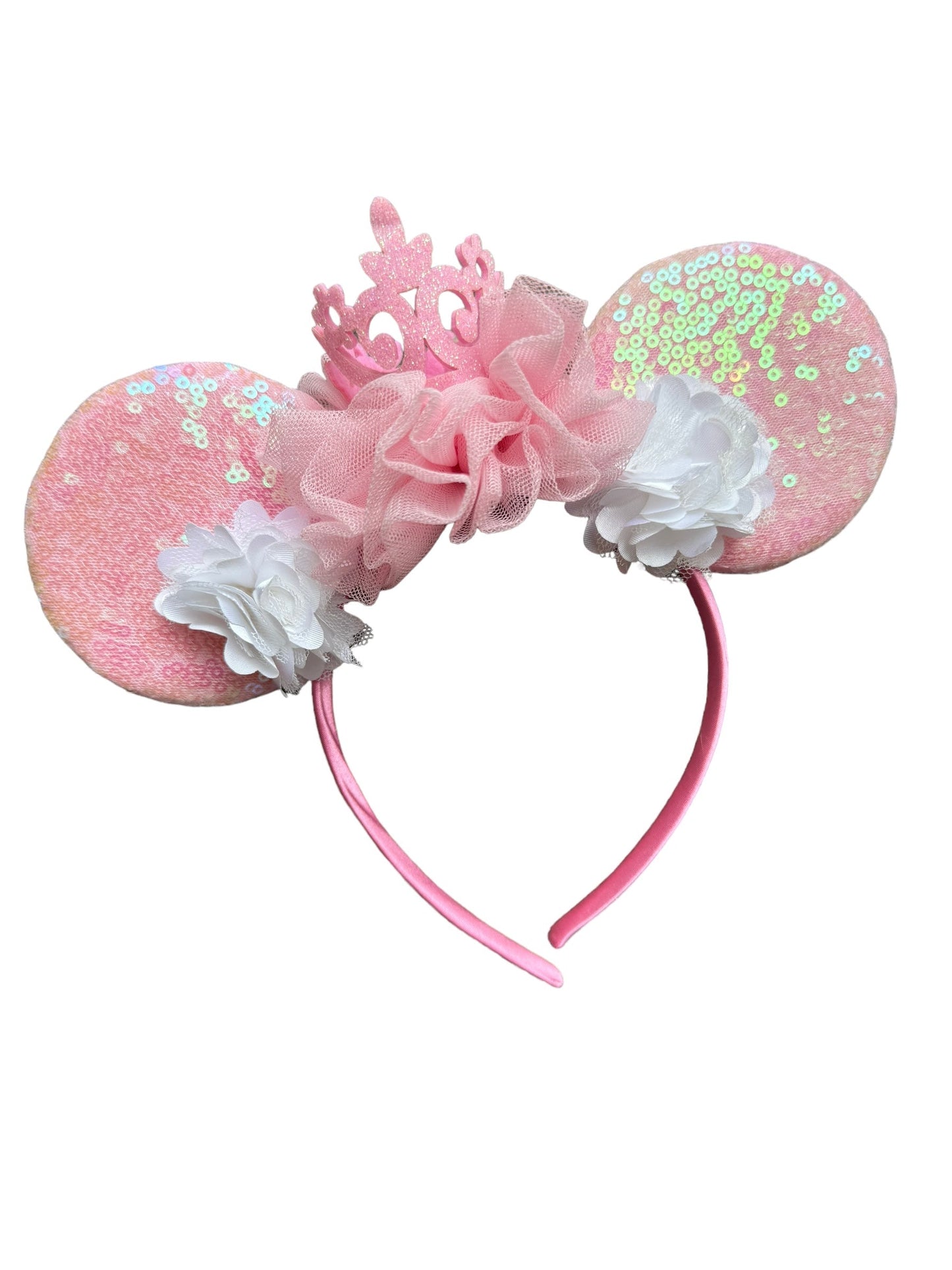 pink princess mouse ears with crown and pink and white flowers