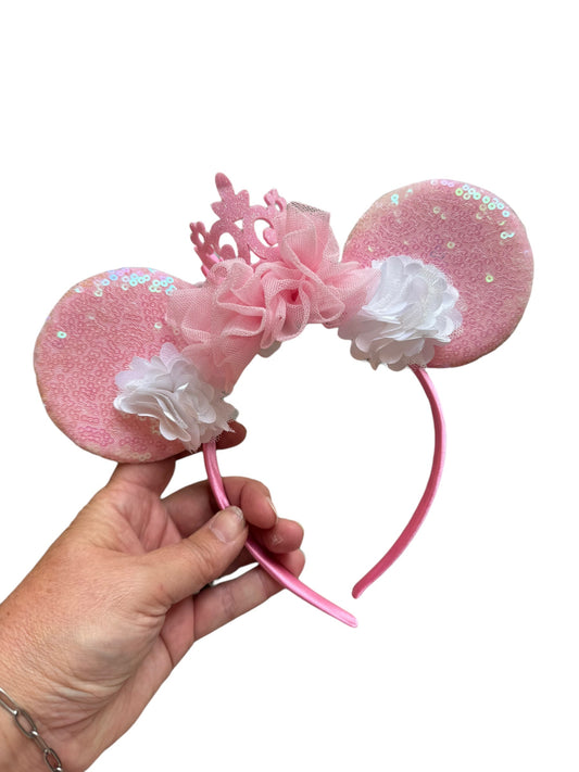pink princess mouse ears with crown and pink and white flowers