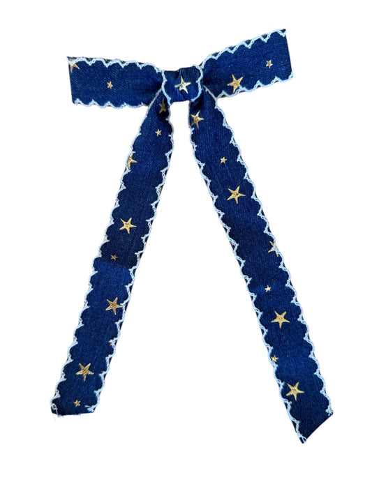 Denim Star Hair Bow | Long Tail Bow Clip for Girls & Women