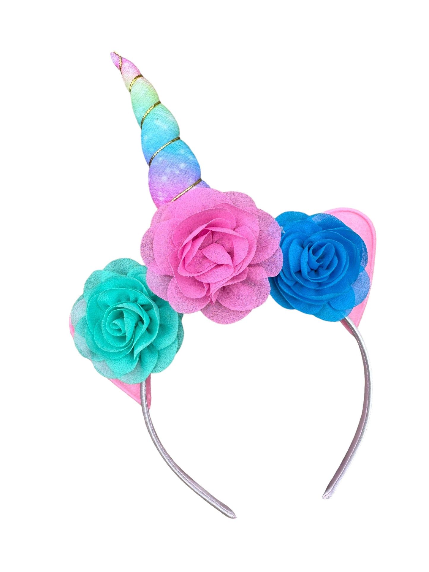 A pastel rainbow unicorn headband with a horn and flowers in pink, blue, and purple colors on a white background.