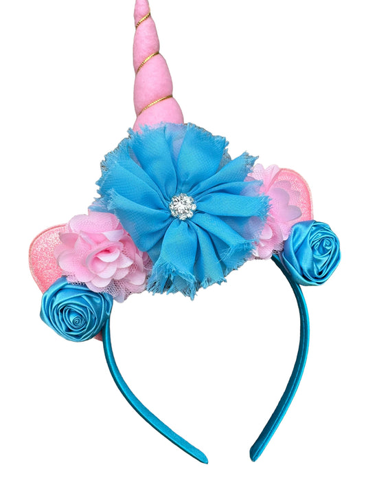 Pink & Aqua Unicorn Headband – Floral Horn Birthday Headband for Girls