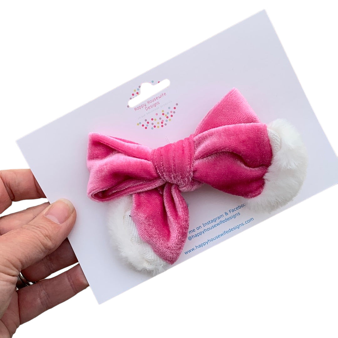 Pink Velvet Santa Hair Bows with White Trim - Christmas Holiday Hair Accessories for Girls