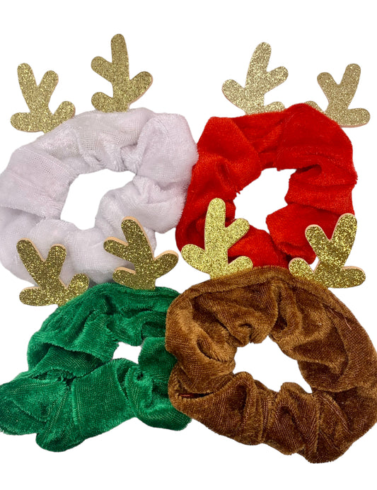 Reindeer Scrunchies with Gold Antlers - Christmas Holiday Hair Accessories