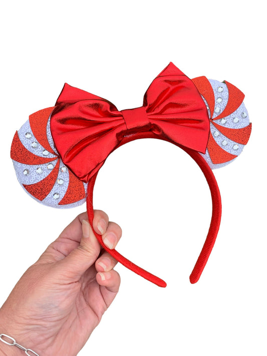 Holiday Swirl Mouse Ears Headband - Bejeweled Christmas Mouse Ears in Pink & Red