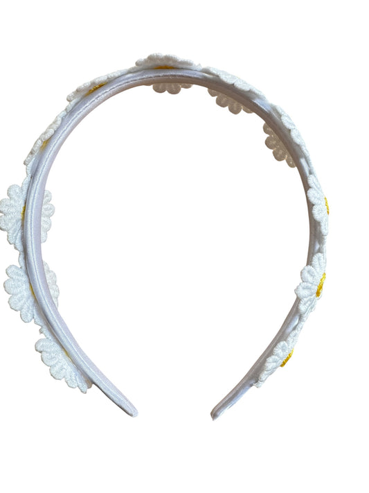 White Daisy Headband | Floral Satin Headband for Women, Teens & Girls