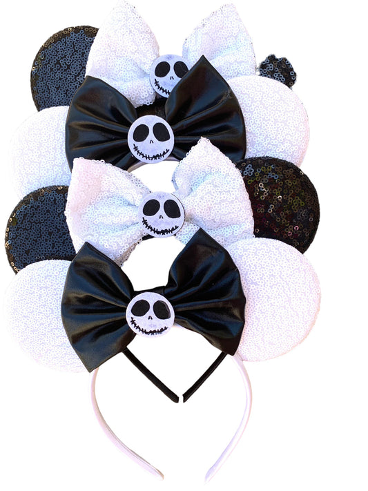 Jack Skeleton Mouse Ear Headbands with black and white sequin ears and satin bow