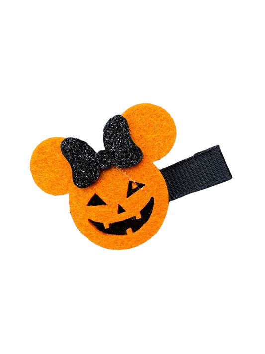 Halloween pumpkin mouse hair clip with a black glitter bow