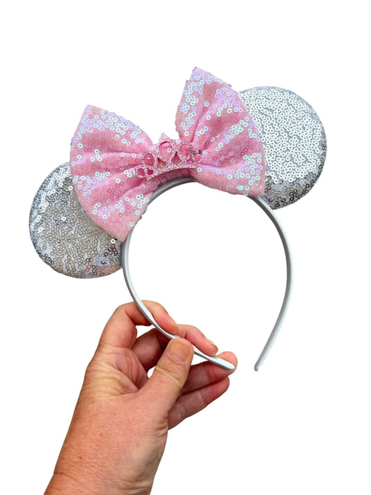 Silver Sequin Mouse Ears with Pink Bow & Crown – Magical Park Headband