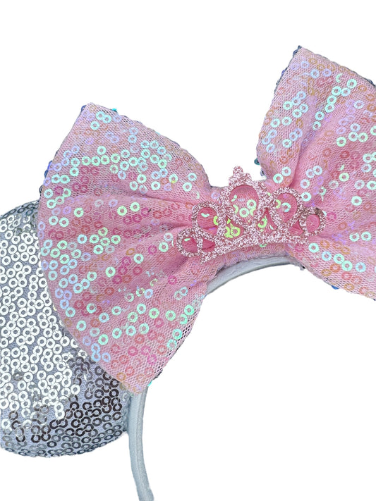 Silver Sequin Mouse Ears with Pink Bow & Crown – Magical Park Headband