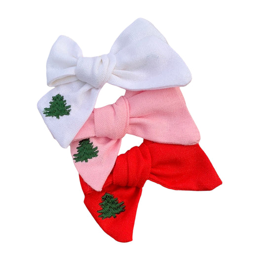 Small Christmas Tree Linen Hair Bows - Holiday Bows for Girls