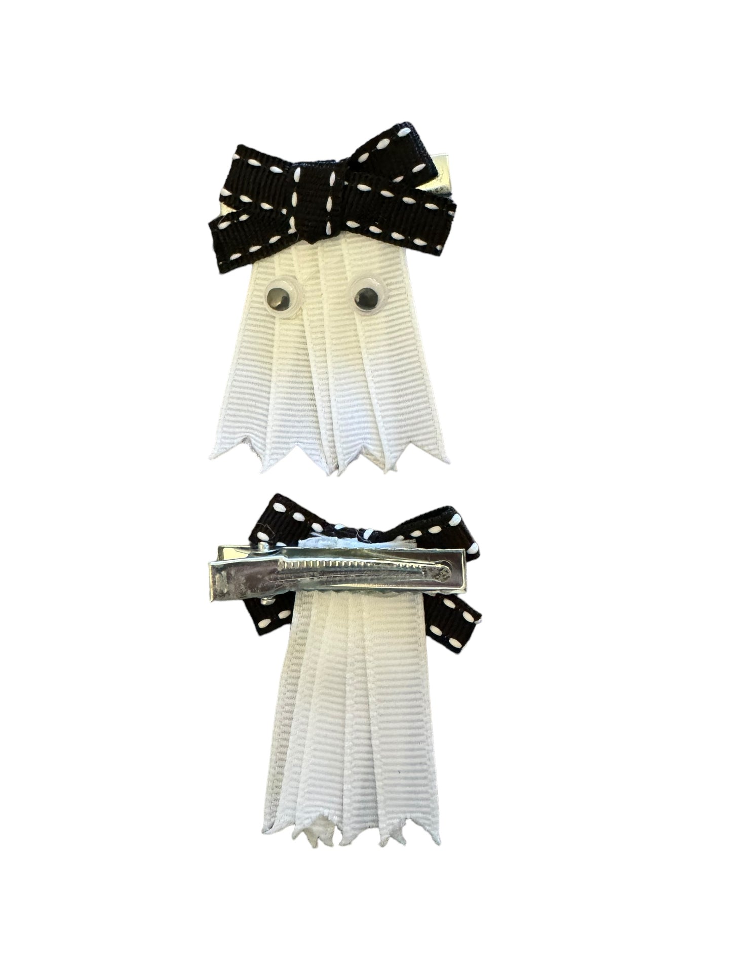 2 ribbon ghost hair bows one showing the clip