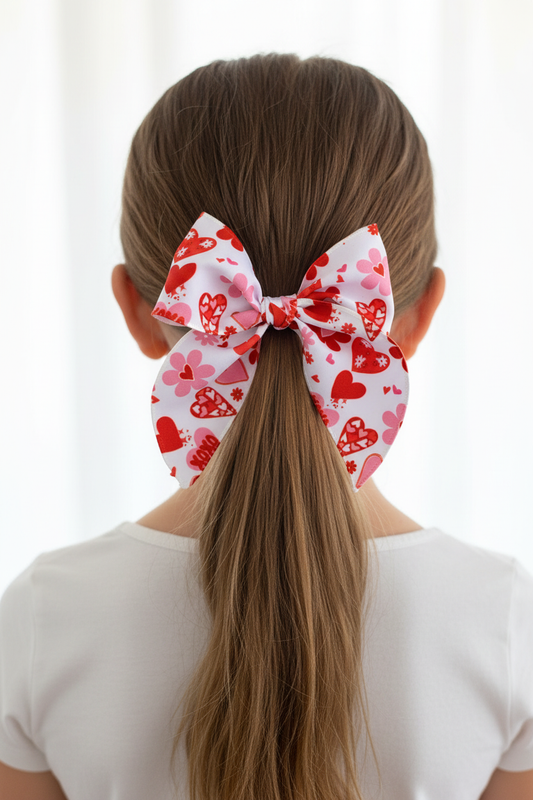 Girl wearing love and hearts bow on low ponytail - back view