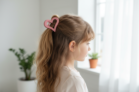Girl wearing pink heart claw clip in half-up hairstyle