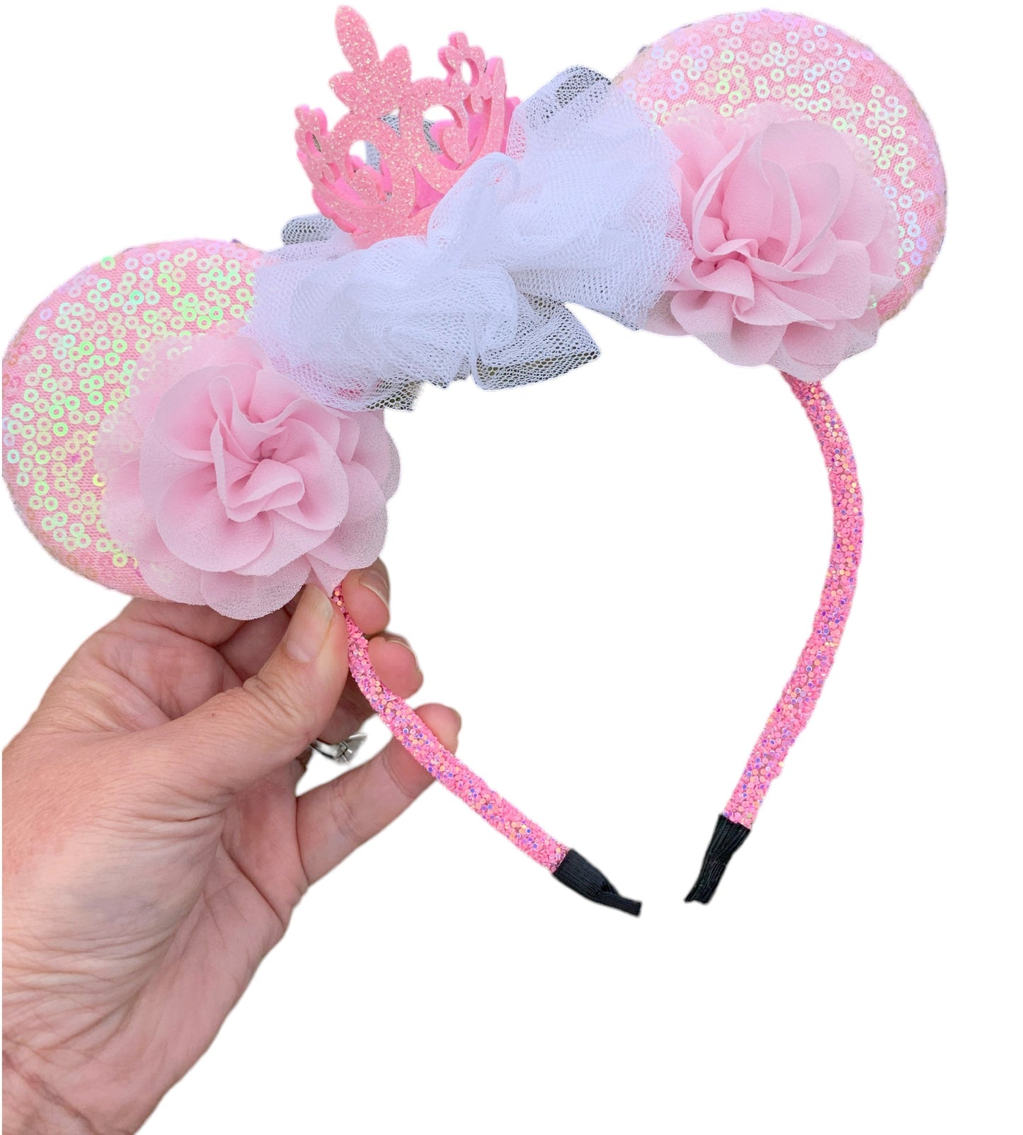 pink princess mouse ears with crown and pink and white flowers