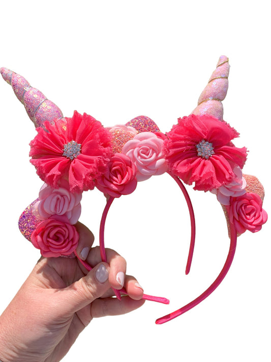 Pink & Hot Pink Unicorn Headband – Floral Horn Girls Headband