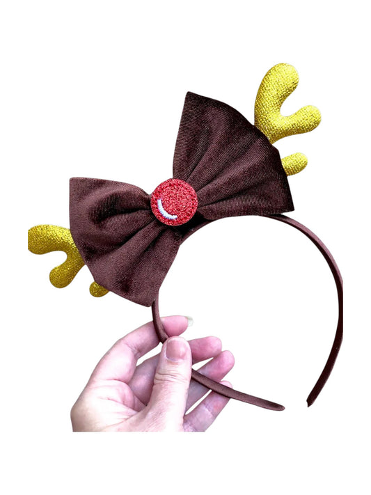 Brown Reindeer Headband with Gold Antlers & Red Nose - Christmas Holiday Costume Accessory