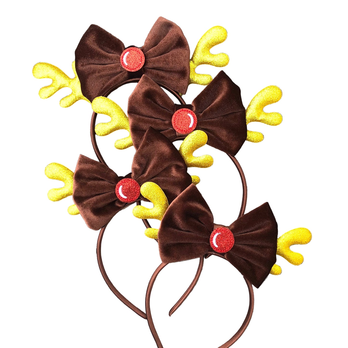 Reindeer headbands with gold antlers and a red shiny nose