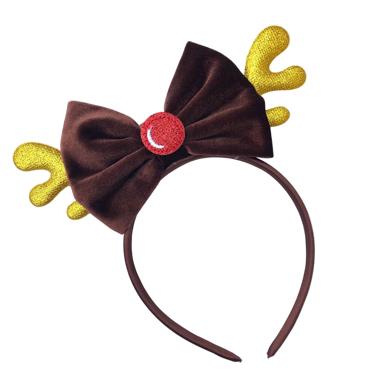 Reindeer headband with gold antlers and a red shiny nose