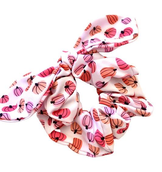 Pink & Orange Pumpkin Bow Scrunchie – Fall Hair Accessory for Women & Girls