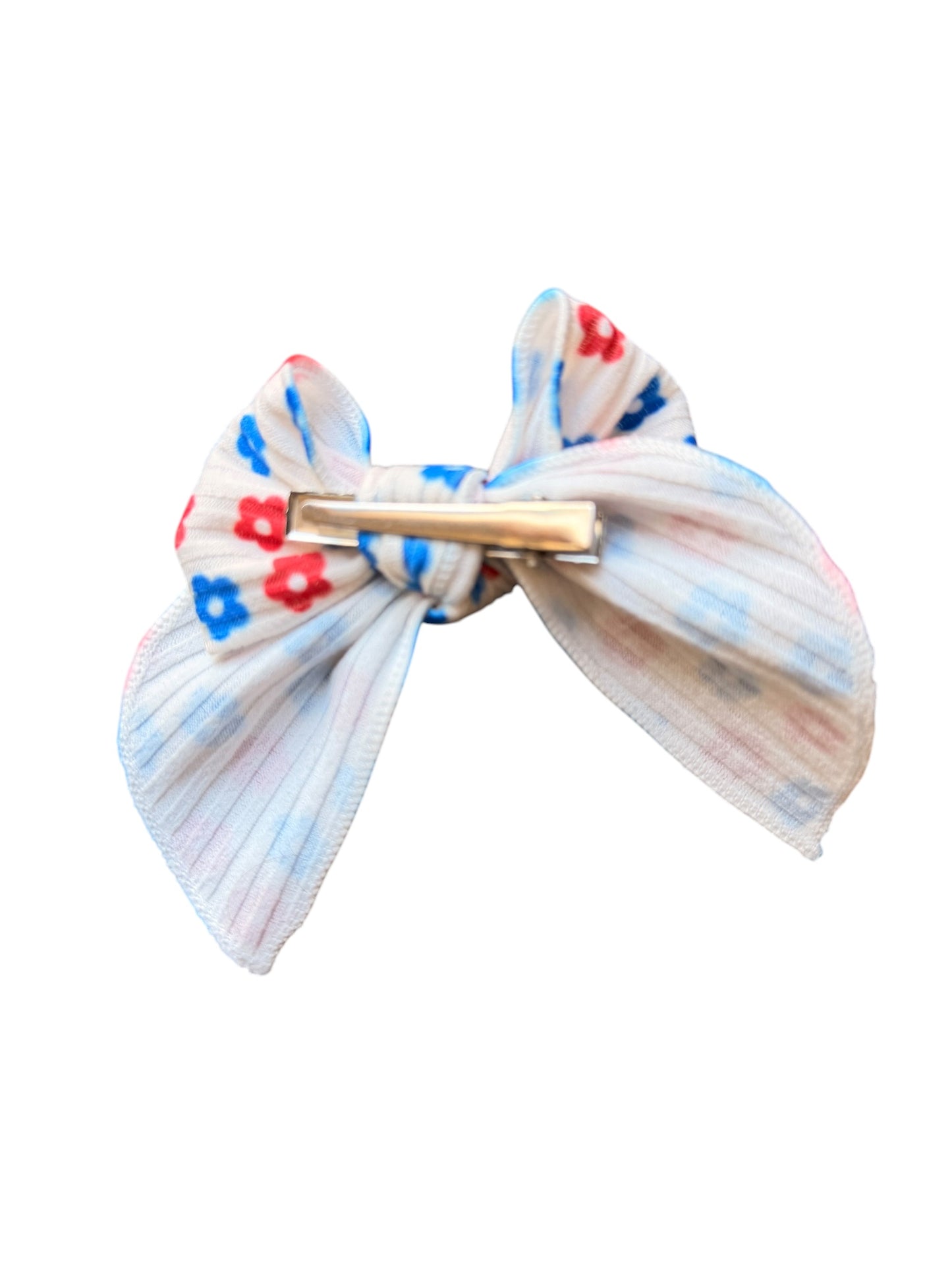 Patriotic Floral Hair Bows for Girls | White with Red & Blue Flowers | 4th of July