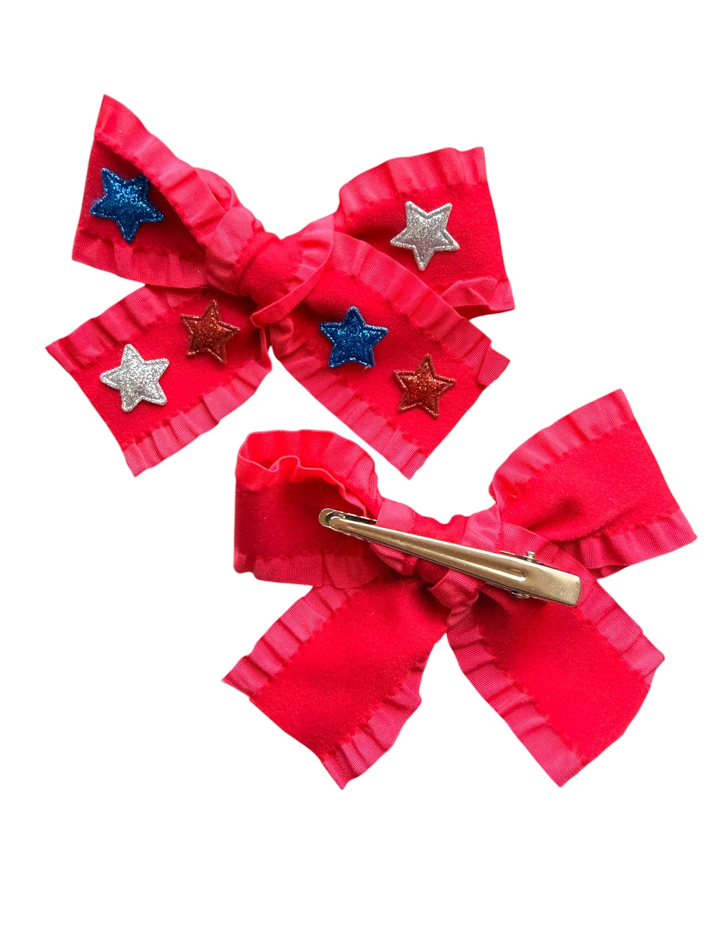 Patriotic Ribbon Hair Bows with Red, Blue & Silver Stars for Girls | 4th of July