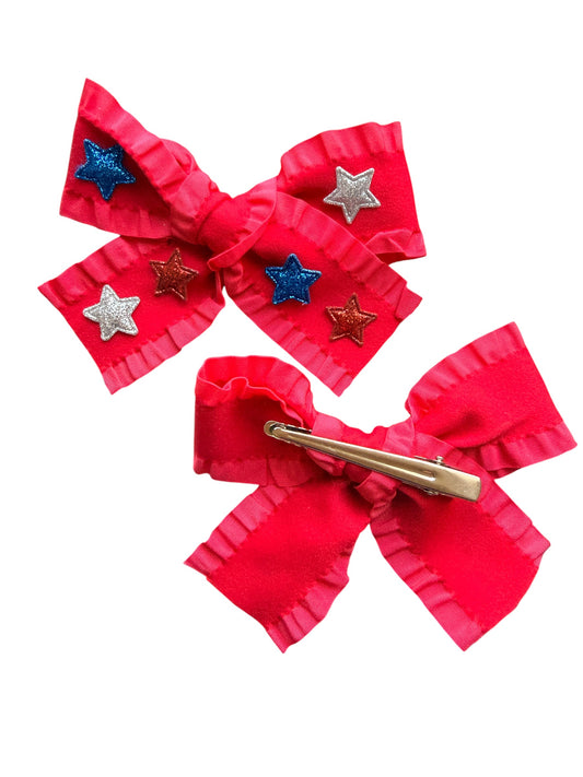 Patriotic Ribbon Hair Bows with Red, Blue & Silver Stars for Girls | 4th of July