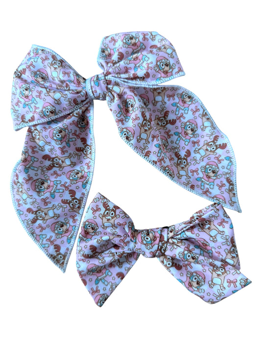 Pink Blue Dog Christmas Hair Bows - Pink Holiday Bows
