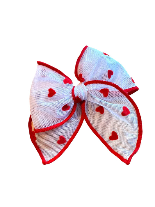 Red Trim Tulle Velvet Heart Hair Bows - Valentine's Day Hair Bows for Girls
