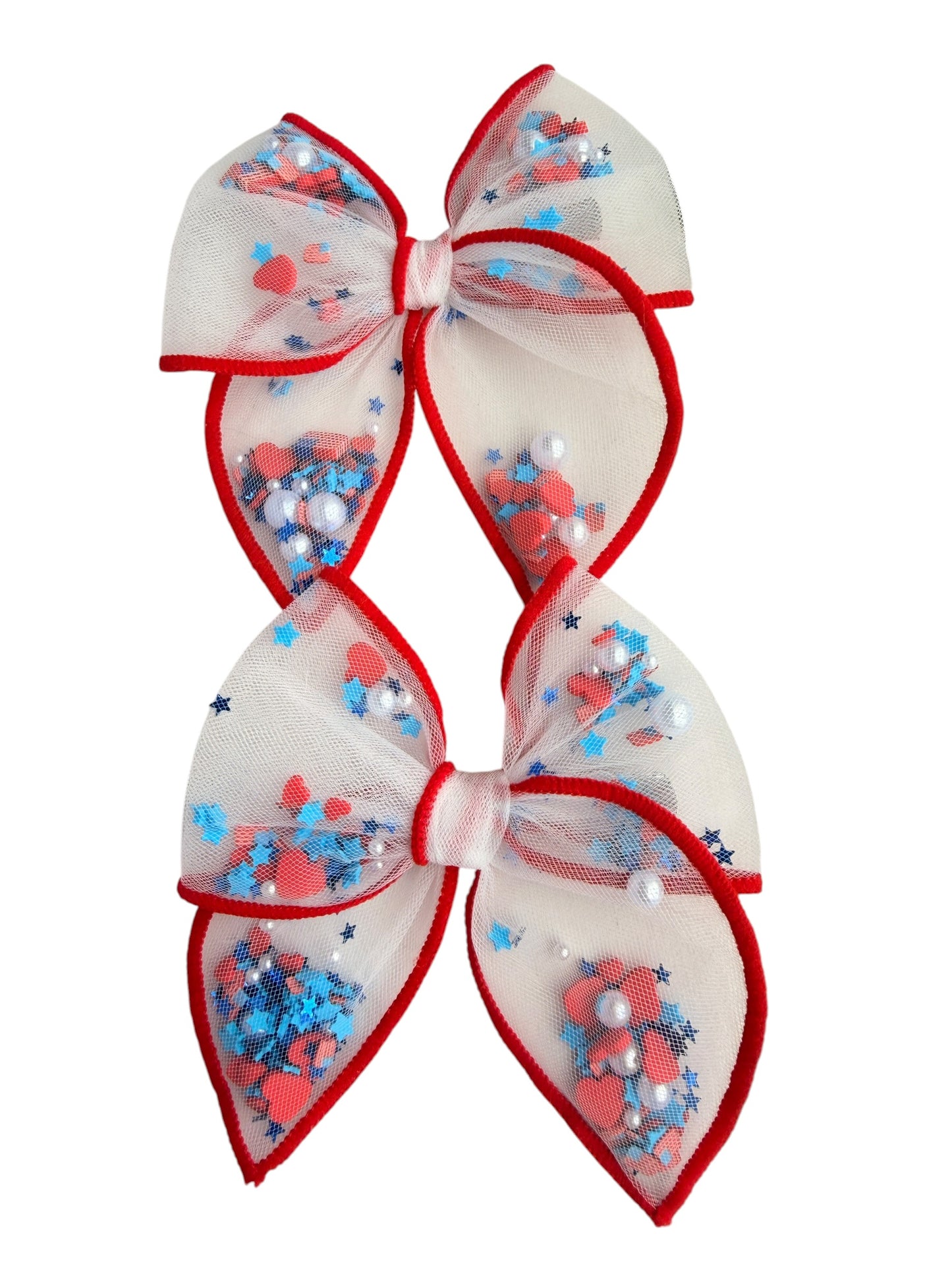 Flags & Hearts Shaker Hair Bows – Patriotic 4th of July Alligator Clip