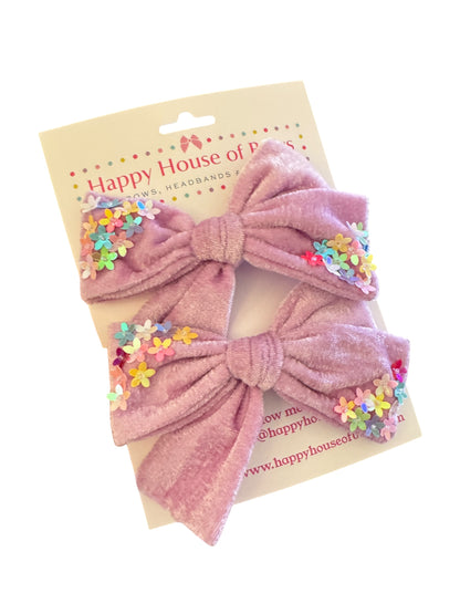 Velvet Hair Bows with Sequin Flowers - Girls Alligator Clip Bows