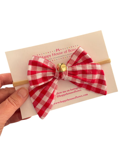 Red Checkered Jingle Hair Bow - Red Plaid Christmas Bow for Girls