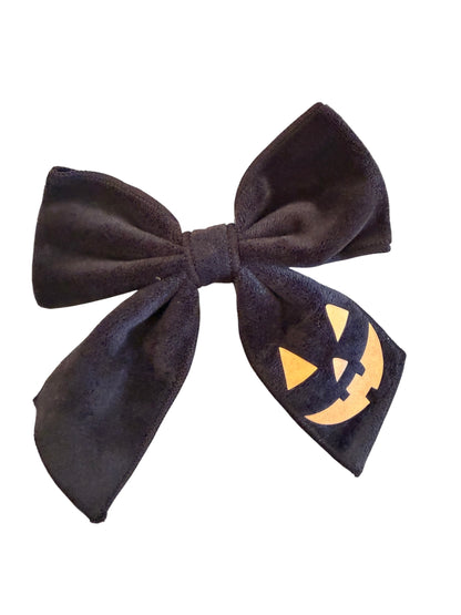 Velvet Pumpkin Jack-O-Lantern Sailor Hair Bow – Halloween Bow for Girls