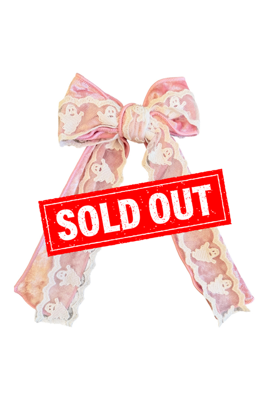 Pink Ghost Lace Long Tail Velvet Hair Bow – Halloween Hair Bow for Girls