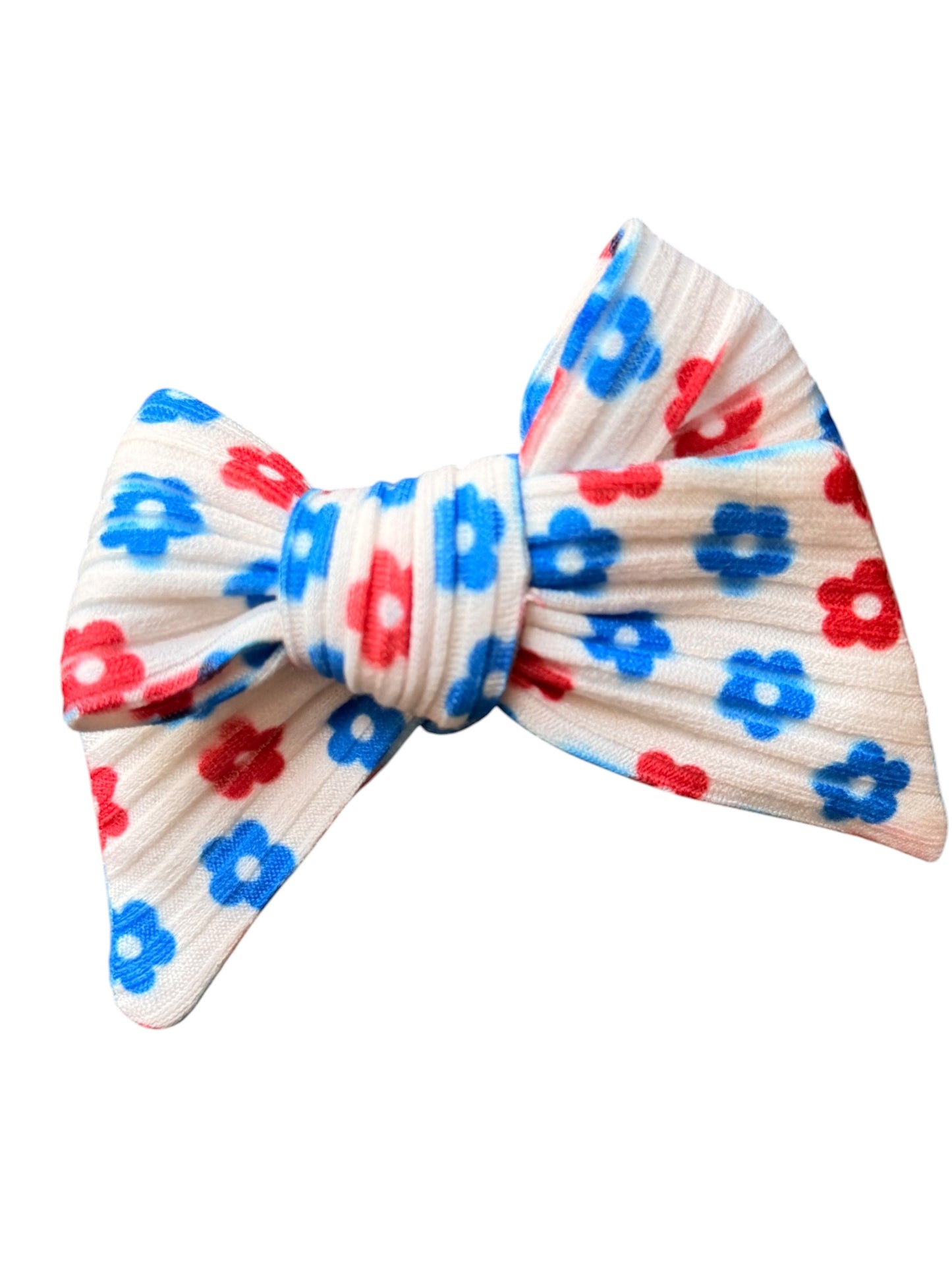 Patriotic Floral Hair Bows for Girls | White with Red & Blue Flowers | 4th of July