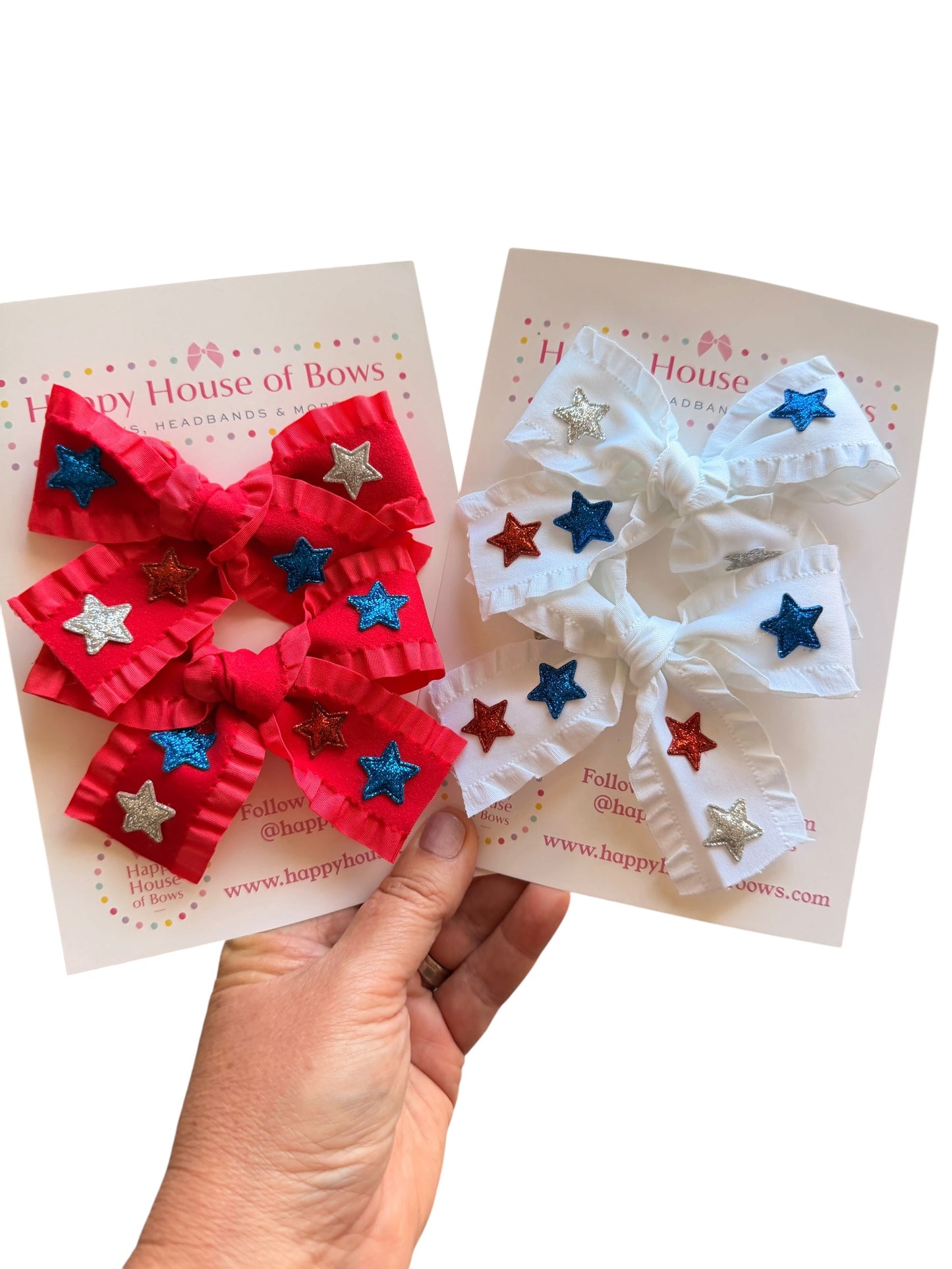 Patriotic Ribbon Hair Bows with Red, Blue & Silver Stars for Girls | 4th of July