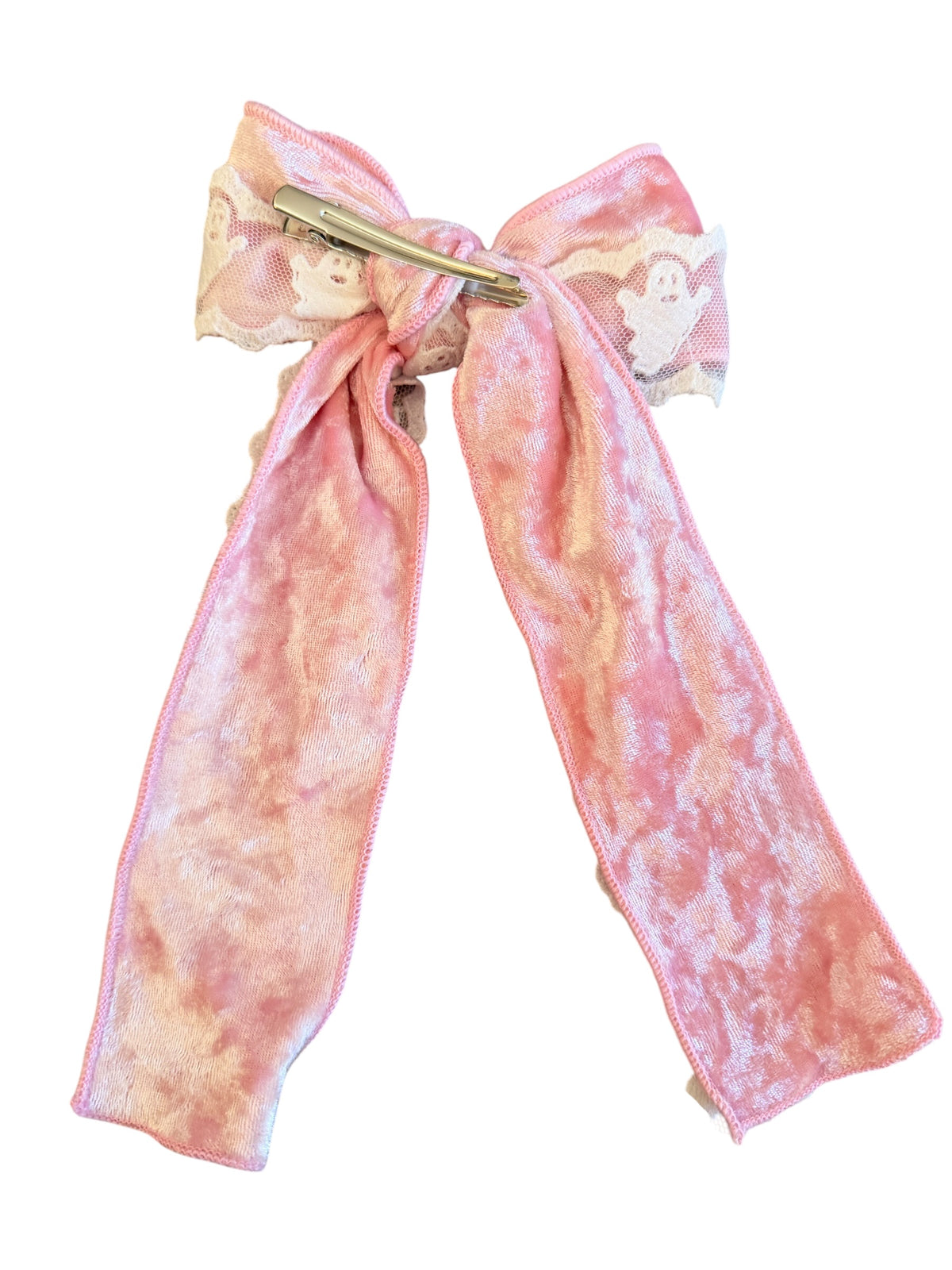 Pink Ghost Lace Long Tail Velvet Hair Bow – Halloween Hair Bow for Girls