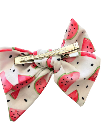 Pink Watermelon Hair Bow for Girls | Summer Alligator Clip & Pigtail Set