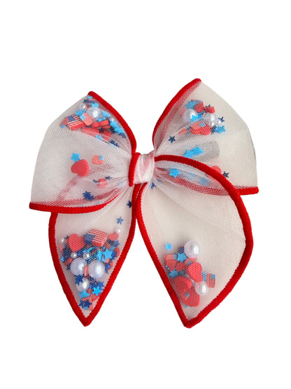Flags & Hearts Shaker Hair Bows – Patriotic 4th of July Alligator Clip
