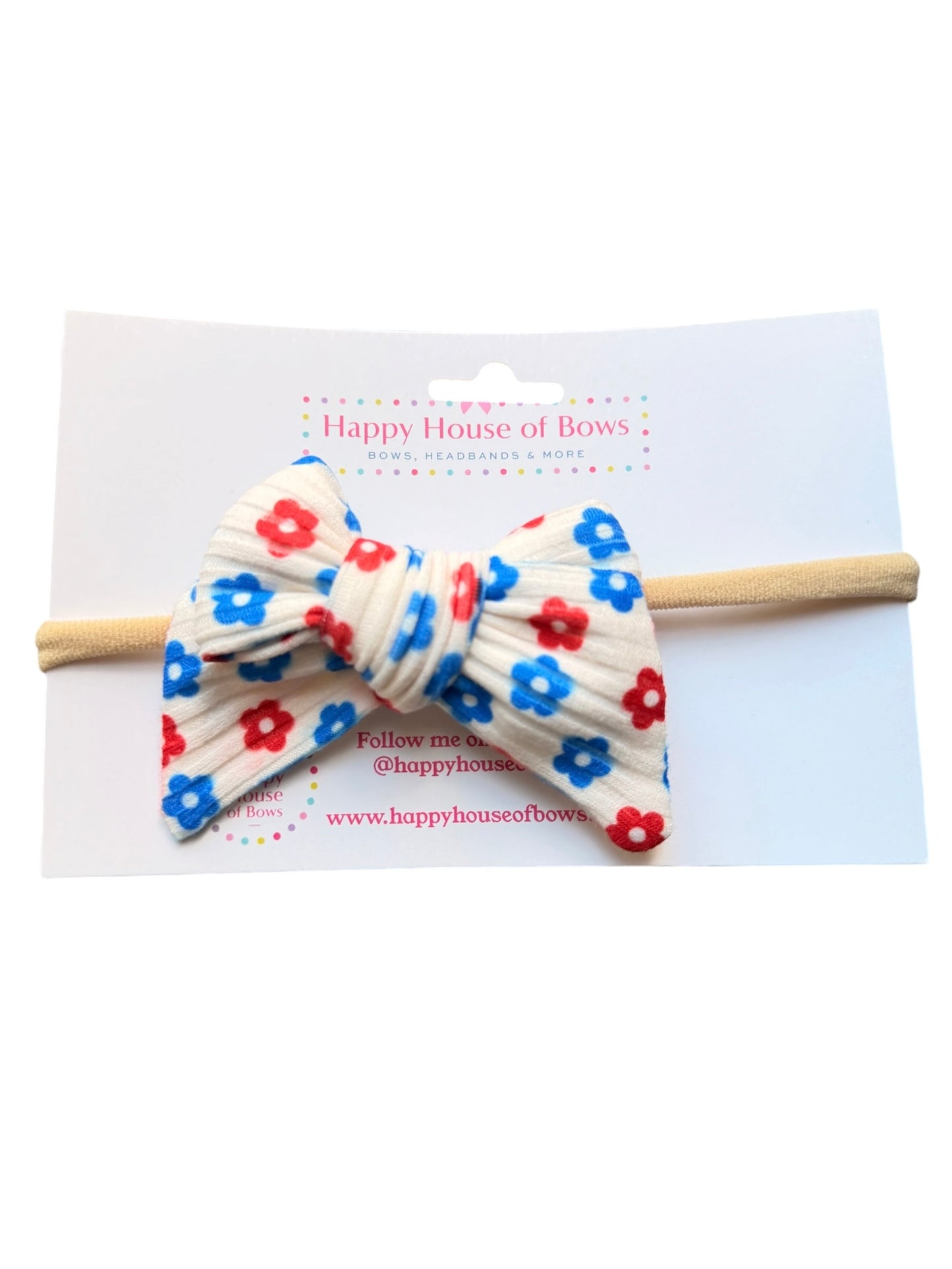 Patriotic Floral Hair Bows for Girls | White with Red & Blue Flowers | 4th of July