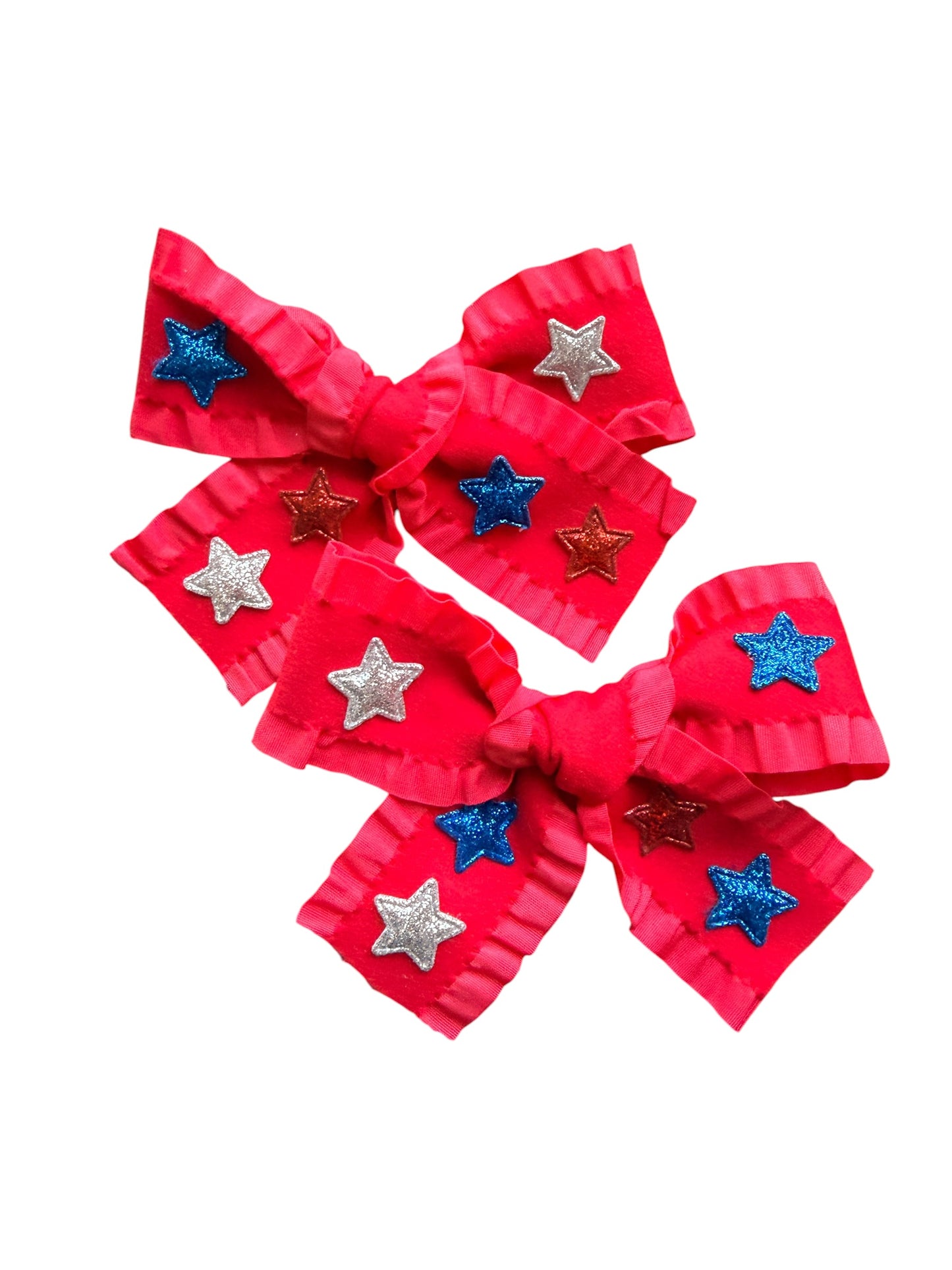 Patriotic Ribbon Hair Bows with Red, Blue & Silver Stars for Girls | 4th of July
