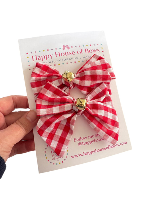 Red Checkered Jingle Hair Bow - Red Plaid Christmas Bow for Girls
