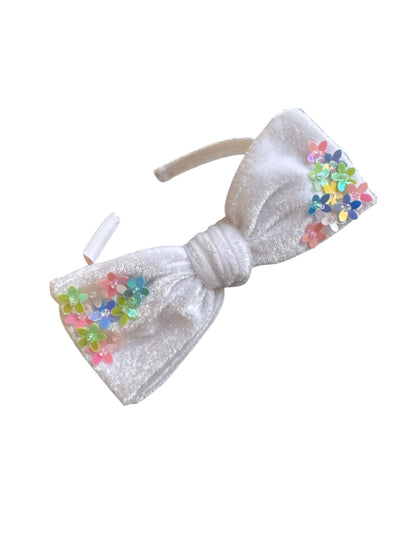 Velvet Bow Headband with Sequin Flowers - Girls & Women Hair Accessory