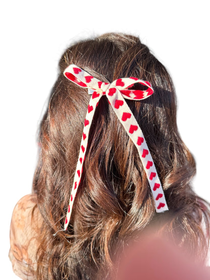 Red Heart Long Tail Hair Bows - Valentine's Day Hair Bows for Girls