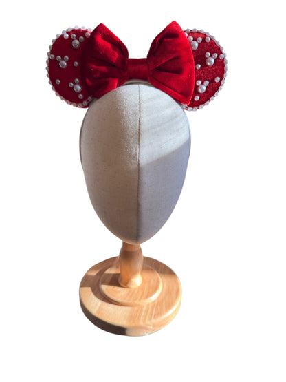 Velvet and Pearl Red Mouse Ear Headbands